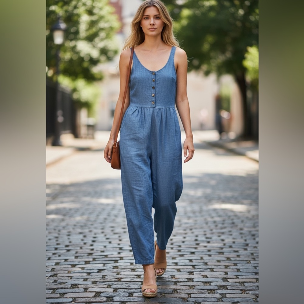 Kurt Lyle Blue Chambray Wide Leg Jumpsuit V-Neck Button Front XS